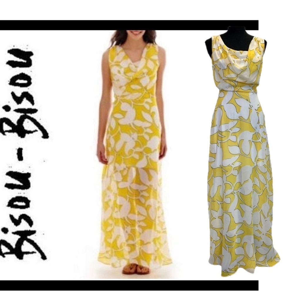 Bisou Bisou yellow white floral print sleeveless tropical maxi dress lined Sz 2